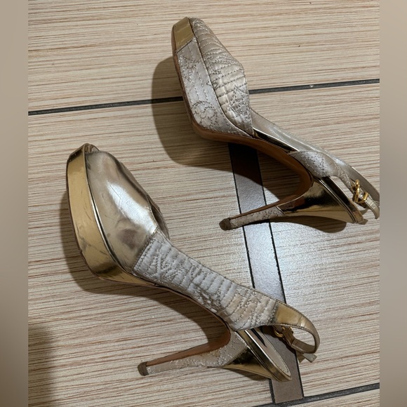 Louis Vuitton Satin Metallic Gold Motard Piccadilly Peep Toe Slingback Platform - Picture 3 of 13